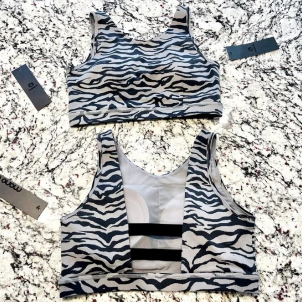 Mono B Sports Bra Double Strap Back Animal Print Gray & Black LARGE - Picture 6 of 12